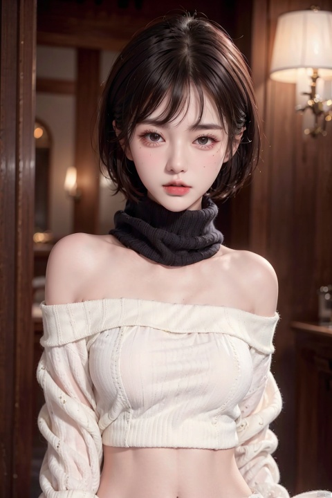  High quality, masterpiece, Portrait,cinematic texture,1girl,sexy_sweater, Scarf,Off shoulder,Short hair, navel, liuyifei