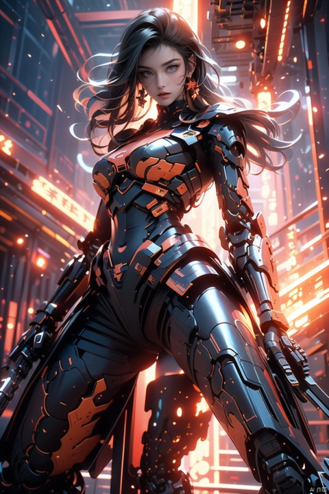  1girl, parted lips, hair blowing in wind, open hand, machinery, Mecha, science fiction, machinery armor, Metallic luster, electroplated, clothes sign, Mars, spaceship, floating cannon, hexagon, (from below:1.2), glow, backlighting, (background blur:1.2), cinematic lighting, Low illumination, VHS-style, (masterpiece:1.3), (best quality:1.1), intricate detailed, (Hyperrealistic:1.1), (realistic details:1.1), highly detailed, (the text on the cover should be bold and attention-grabbing, with the title of the magazine and a catchy headline:1.4), , ,Super perspective,wide shot. Dynamic pose, fighting_stance.,wide shot