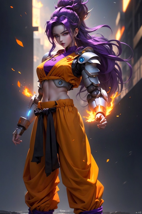  (best quality, masterpiece),solo, 1girl, Purple eyes, super saiyan, Purple hair, son goku, aura, clenched hands, (metal and transparent shell | splicing robot)navel,Half body,