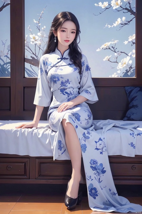 Best quality,masterpiece,best quality,photo realism,official art,(full body photo:1.5),A girl sitting amidst a bouquet of flowers,smiling with rosy cheeks,adorned with elegant long black hair,dressed in a blue floral print dress themed in shades of cyan and white,reminiscent of blue-and-white porcelain patterns. Surrounded by blooming lilies,set against a backdrop evocative of clouds and sky from traditional Chinese landscape paintings,in the style of photorealistic art,intricate detail,sharp focus,vibrant colors,high-definition imagery,capturing the essence of tranquility and elegance,high-definition,shooting on Fuji xt-5,8k,high detail,epic film,soft natural light,