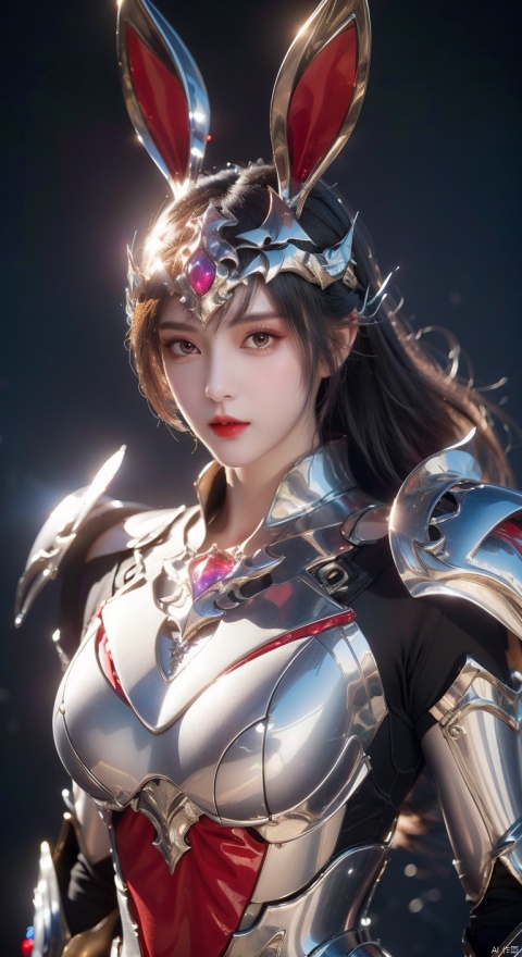  masterpiece,best quality,extremely high detailed,intricate,8k,HDR,wallpaper,cinematic lighting,(universe:1.4),Silver armor,glowing eyes,anthropomorphic rabbit mecha,red jewel, Armor inlaid with gemstones,xiaowu
