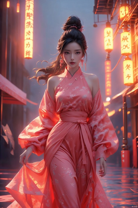  Surrealism Dream Style,glowing neon color,RAW photo,at night,1girl,solo,sea,black hair,ponytail,looking at viewer,long hair,up,lips,sash,water splaashing,hair ornament,realistic,wide sleeves,hanfu,long dress,Semi transparent gauze skirt,surrealist,Best quality,masterpiece,ultra high res,Petal skirt,wind,flowers,bloom,Clouds,smoke,neon lights,naked,Punk