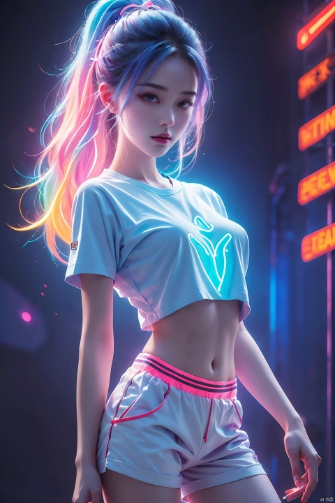  1girl,Shirts, shorts,glowing,lneon lamp