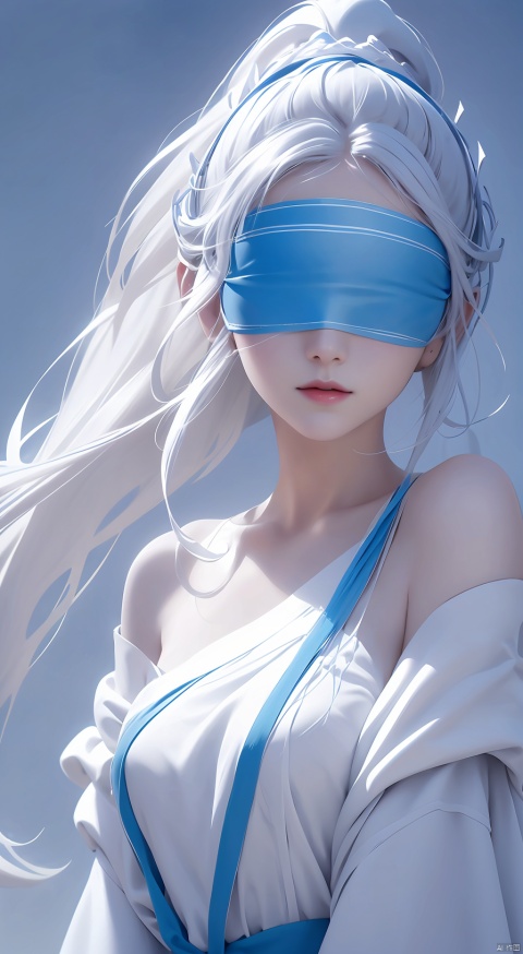  duotone white and blue,1girl,Long hair, ponytail, white hair,(blindfold),The wind blows, close-up,Off Shoulder