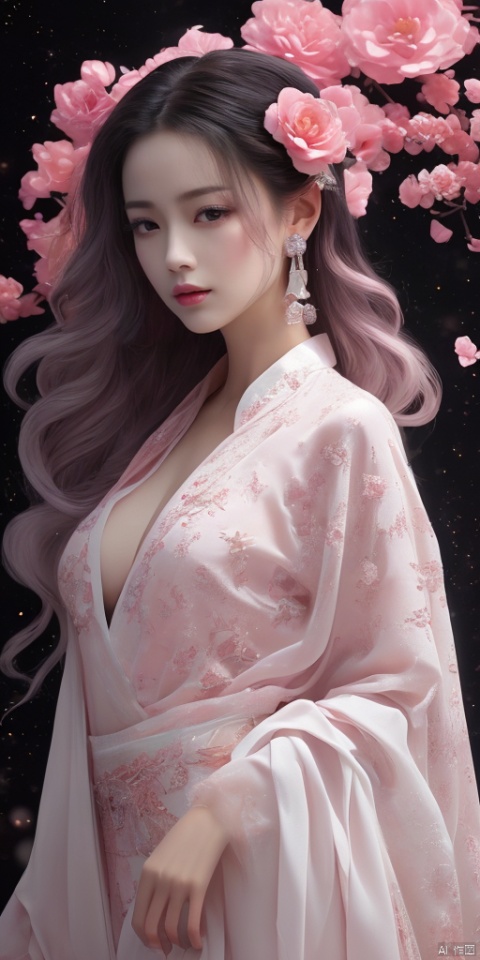  1girl,Han Chinese girls,white Hanfu,,full body,feathers,floating object,floating weapon,chinese clothes,large breasts,There are many scattered luminous petals,bubble,contour deepening,black rose,jewelry, earrings,lips, makeup, portrait, eyeshadow, realistic, nose,{{best quality}}, {{masterpiece}}, {{ultra-detailed}}, {illustration}, {detailed light}, {an extremely delicate and beautiful}, a girl, {beautiful detailed eyes}, stars in the eyes, messy floating hair, colored inner hair, Starry sky adorns hair, depth of field, large breasts,cleavage,blurry, no humans, traditional media, gem, crystal, still life, Dance,movements, All the Colours of the Rainbow,zj,
simple background, shiny, blurry, no humans, depth of field, black background, gem, crystal, realistic, red gemstone, still life, pink fantasy