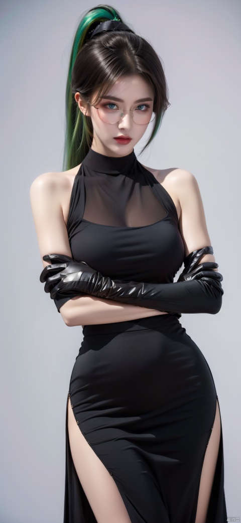  High quality, masterpiece,bangs,blue eyes,black hair,hair ornament,gloves,closed mouth,ponytail,green hair,glasses,black gloves,cosplay,crossed arms,semi-rimless eyewear,feather_hair ornament,Tight fitting clothing,,side slit,Angry,1girl, 1girl, Many bubbles