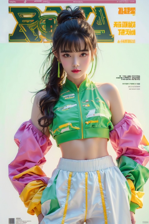 offcial art,colorful,Colorful background,splash of color,movie perspective,(advertising style, magazine cover:1.3),Best quality,masterpiece,ultra high res,Modern,Chinese,Song rhyme,Oriental,pretty,cowboy shot,1girl,black hair,bangs,bare shoulders,(White and green background:1.3),green eyes,simple background,sneakers,socks,White and green dress,open jacket,hair bun,puffy long sleeves,(crop top:1.3),pants,(full body:1.1),(Snake:1.2),