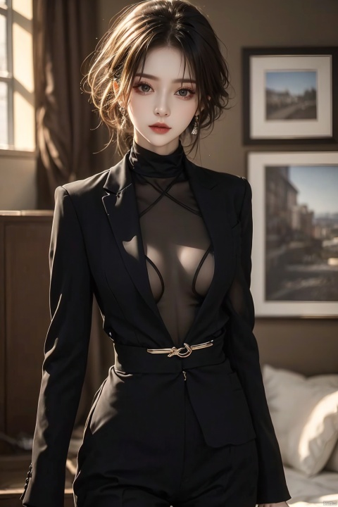 HDR, UHD, 8K, Highly detailed, best quality, masterpiece,1girl, messy hair,black suit,looking at viewer,Photos, photography,