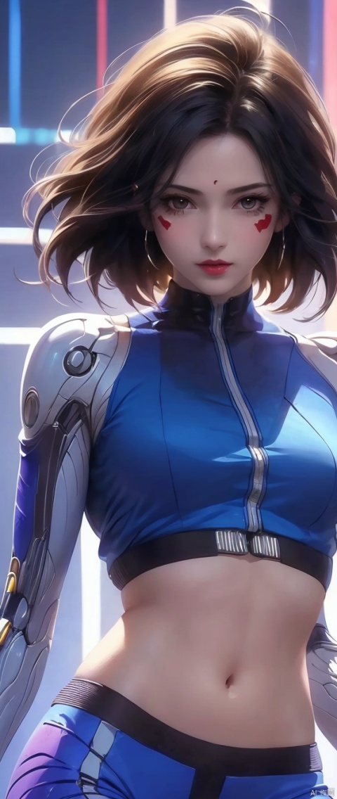  masterpiece,best quality, highly detailed, alita,1girl, solo, cyborg, upper body, signature, (facepaint), lips, blue shirt, looking at viewer, Navel, thighs,single mechanical arm