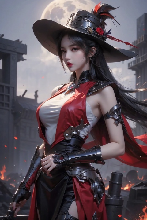  8K resolution, super resolution, sharp focus, grandeur, best quality, masterpiece, fantasy female gunfighter, delicate yet brave and fearless, wearing a deep red leather armor with silver edges, and a hat decorated with phoenix feathers. A wide-brimmed hat, eyes as fierce and firm as a burning furnace. He holds a steampunk-style precision repeating musket in his hand. The gun body is inlaid with gems and wrapped with complex mechanical pipes. A faint smoke is emitting from the muzzle. The background is The ruins of a futuristic steam city full of gears and iron frames, her resolute profile silhouette reflected in the moonlight. She stood on a pile of rubble, with an ammunition belt draped over her left shoulder and a sharp dagger hanging around her waist for close combat. arms., 1girl, xiaowu