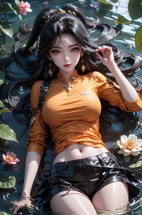  1 girl,Orange shirt,water drop, water, partially submerged,flower,air bubble,shout,air bubble,from above,Lying down, qingyi, zzh