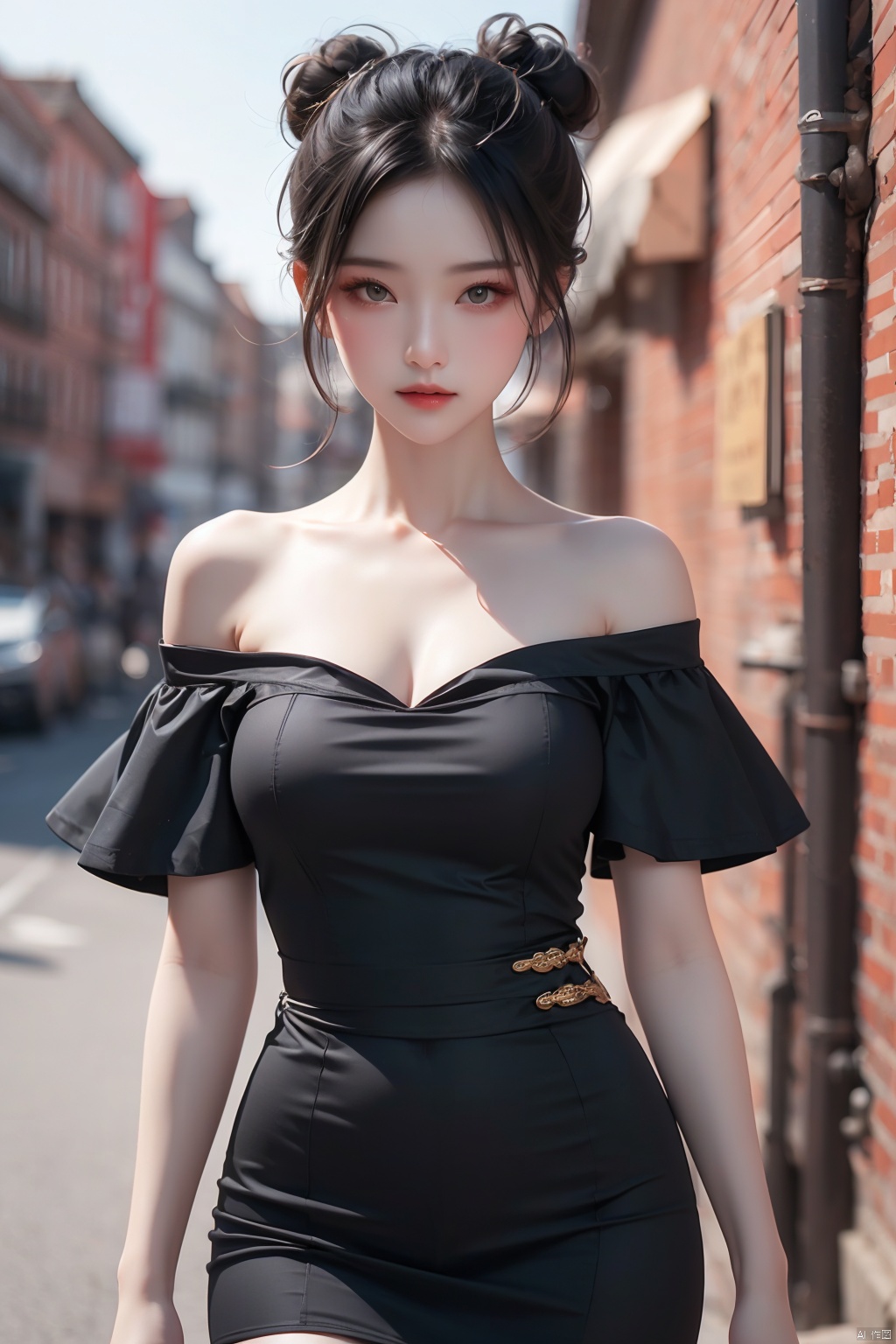 8k,RAW photo,best quality,masterpiece,realistic,
1girl,black hair,single hair bun,(Off the shoulder),dress,looking at viewer,cowboy shot,
gufeng,