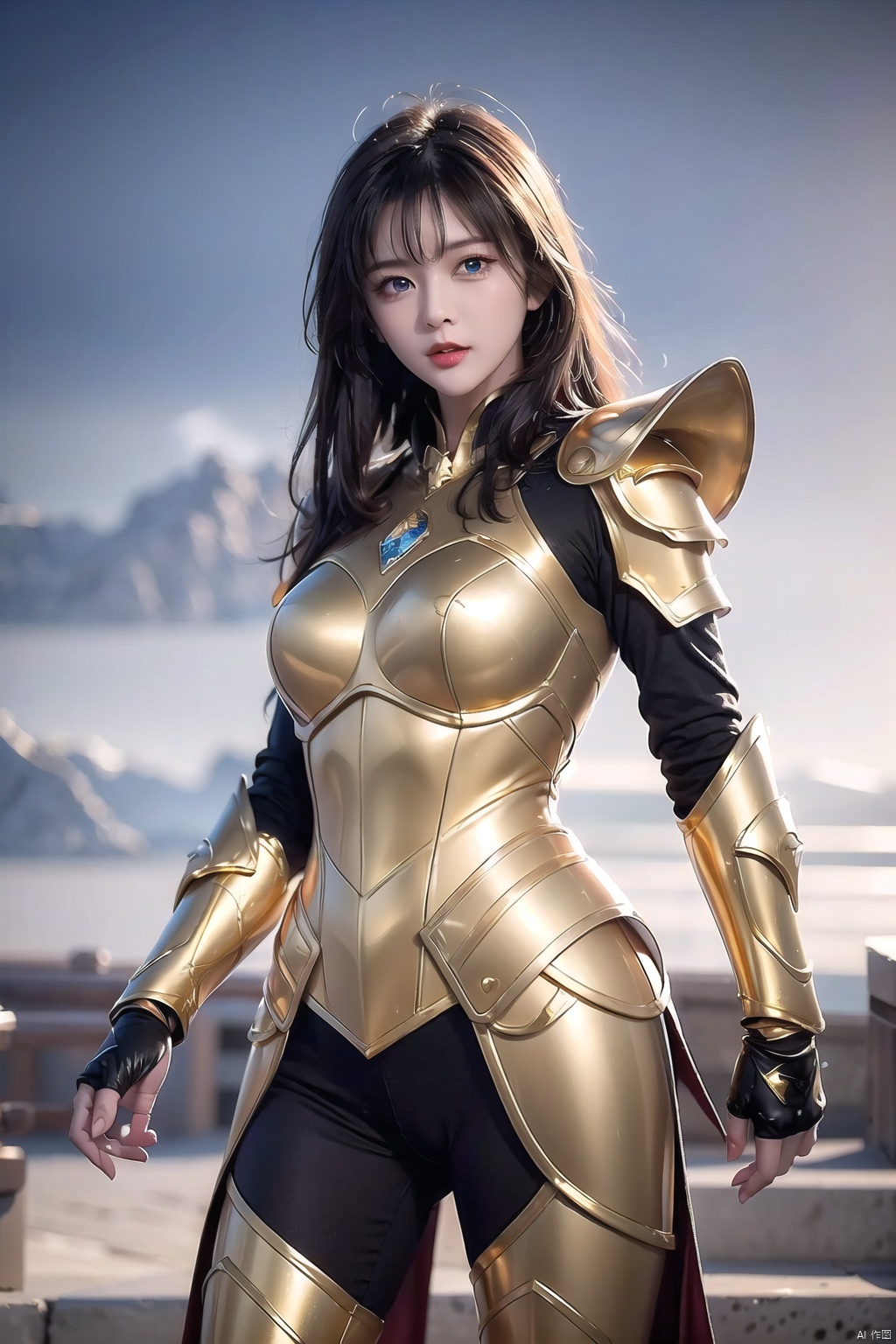  High quality, masterpiece, wallpaper, cinematic graphics,1girl,(( gold armor),blue eyes, breasts ,cowboy shot, medium breasts,standing,, guanzhilin