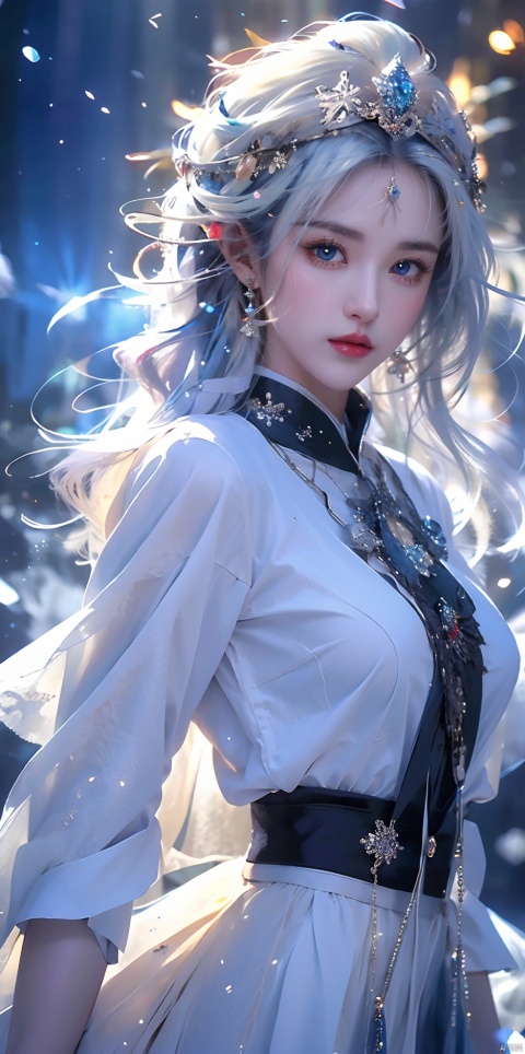  ((best quality)), ((masterpiece)), ((ultra-detailed)), extremely detailed CG, (illustration), ((detailed light)), (an extremely delicate and beautiful), a girl, solo, ((upper body,)), ((cute face)), expressionless, (beautiful detailed eyes), full breasts, (medium breasts:1.2), blue dragon eyes, (Vertical pupil:1.2), white hair, shiny hair, colored inner hair, [Armor_dress], blue_hair ornament, ice adorns hair,depth of field, [ice crystal], (snowflake),