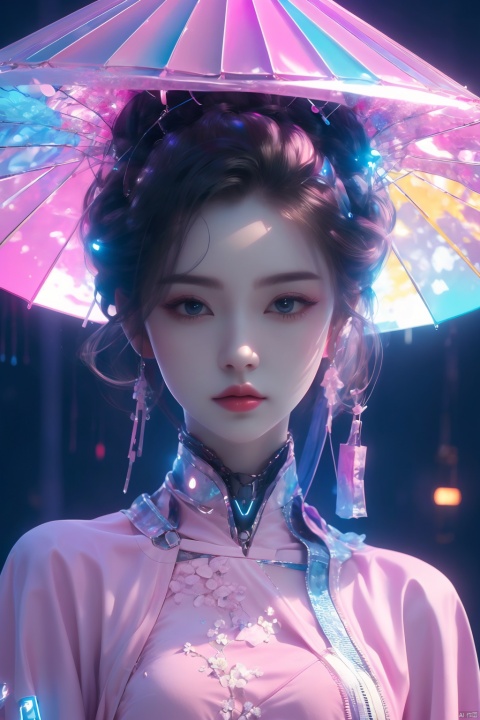  a beauty,light pink,colorful,dopamine,Cyberpunk beauty,, umbrella,,, 