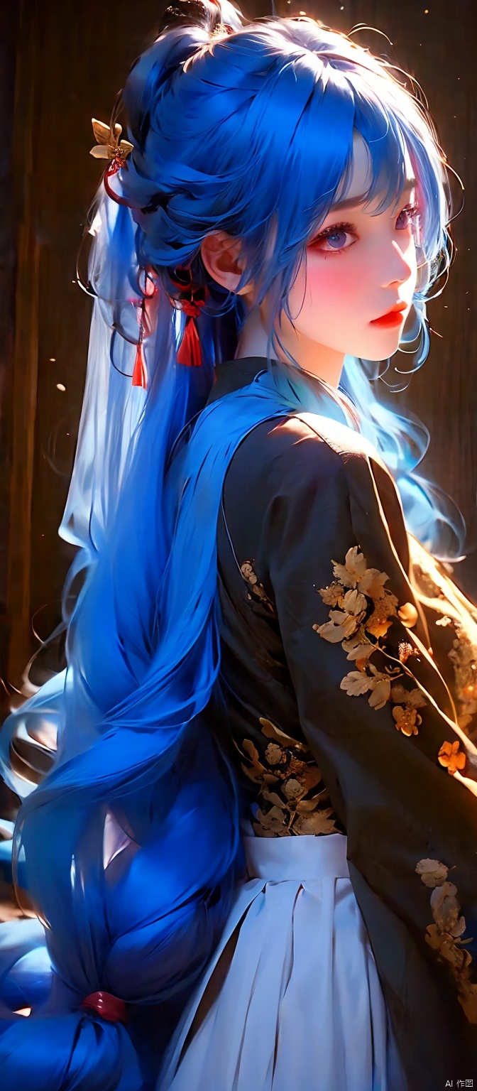  1 girl, blue hair, very long hair, upper body,Twin Tailed, yanlingji