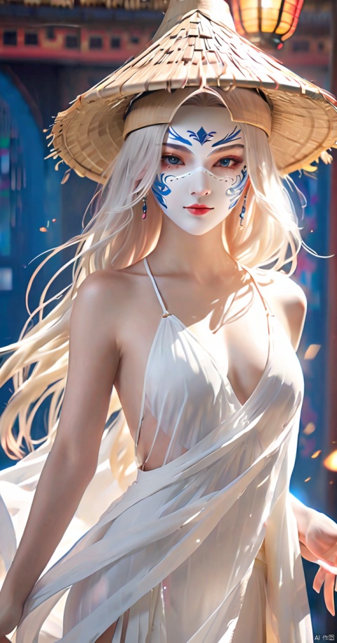 Anan, solo dance, masterpiece, wallpaper, highest quality, highest resolution, best composition, 8K,1girl, long white hair, assassin, chest, burning blue eyes, wearing a mask, bamboo hat