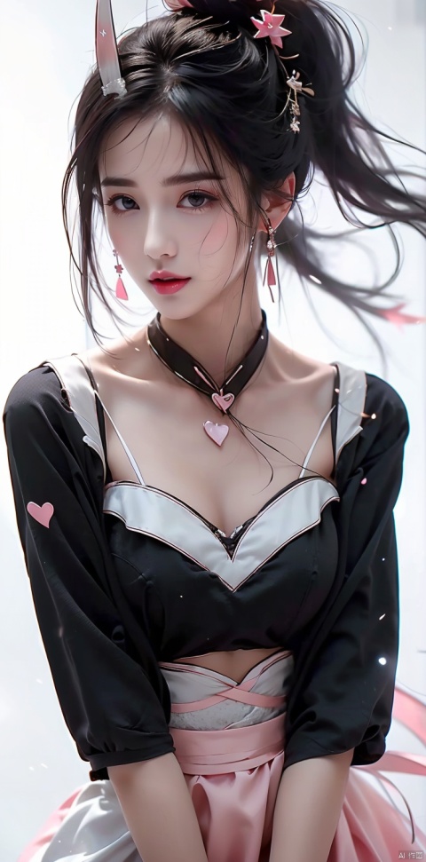 ((masterpiece)), ((best quality)), 8k, high detailed, ultra-detailed,1girl, (pink hair, pink bow, pink bow tie, pink dress, dress, pink nails, short sleeves, long hair, medium chest, thigh height, grin, heart shape, pink eyes),(black hair, black shirt, black eyes, black nails, ruffled apron, puffy short sleeves, bow tie, wrist cuffs, maid apron, white apron, Frilly, long sleeve, waist apron, apron, frilly dress, small chest, cleavage cutout, white stockings, purple bow, short hair, dress cutout, bow, collared dress, puffy sleeves, maid, maid headdress), looking at the audience, breasts, jewelry, hair accessories, smile, earrings, separated bangs, cowboy shot, raised hand, star (symbol), cleavage, holding, Standing, sides facing up, piercing, ear piercing, choker, white background, simple background,