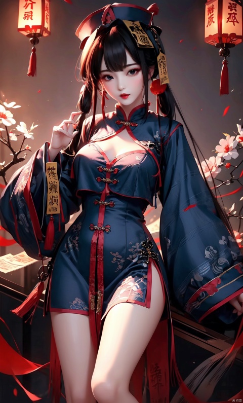 High quality, masterpiece, 1 girl, jiangshi, qing_ Guanmao,breast curtains,china dress, spells,Sexy,