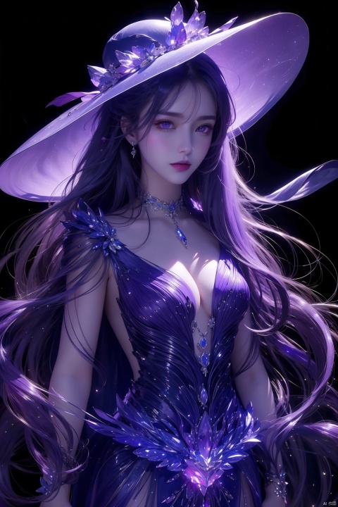  1girl,(Transparent dress),Half-body,Perfect body shape,artist name,gem,glowing,jewelry,long hair,looking at viewer,magic,hat,artist name,aurora,choker,constellation,embers,light particles, ((purple light effect))