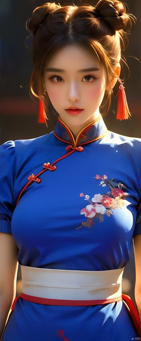  masterpiece, best quality, perfect face, perfect brown eyes with white sclera, bad-hands-5, solo, 1girl, upper body, brown hair, sf2 chun, chinese clothing, wide hips, muscular female, blue clothes, pantyhose, pelvic curtain, puffy short sleeves, bun cover, sash, standing, rating:safe,