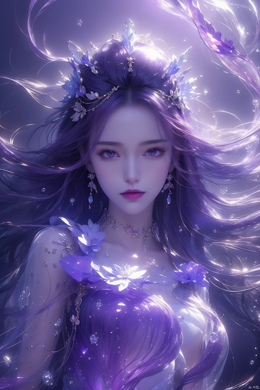  1girl,(Transparent dress),hair ornament,floating hair,water,underwater,air bubble,Half-body,Perfect body shape,artist name,gem,glowing,jewelry,long hair,looking at viewer,magic,hat,choker,light particles, ((purple light effect))