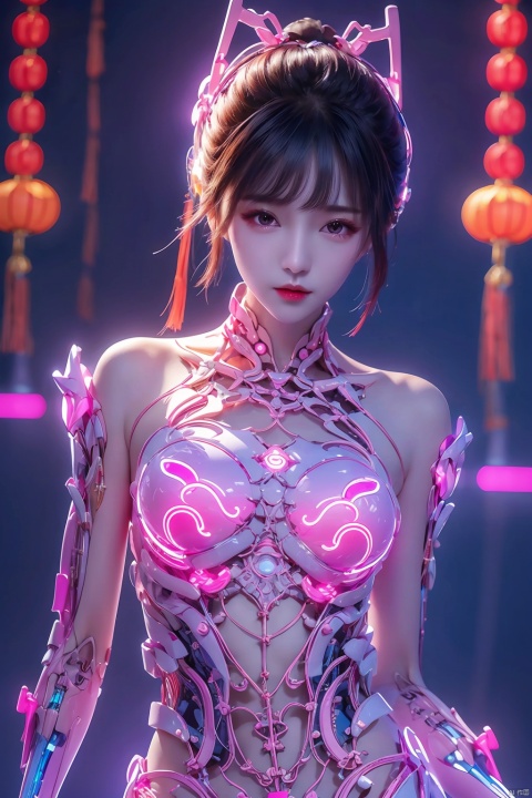  1girl,(chinese dress),glowing,lneon lamp,deformad neon light,cyborg, xiaowu