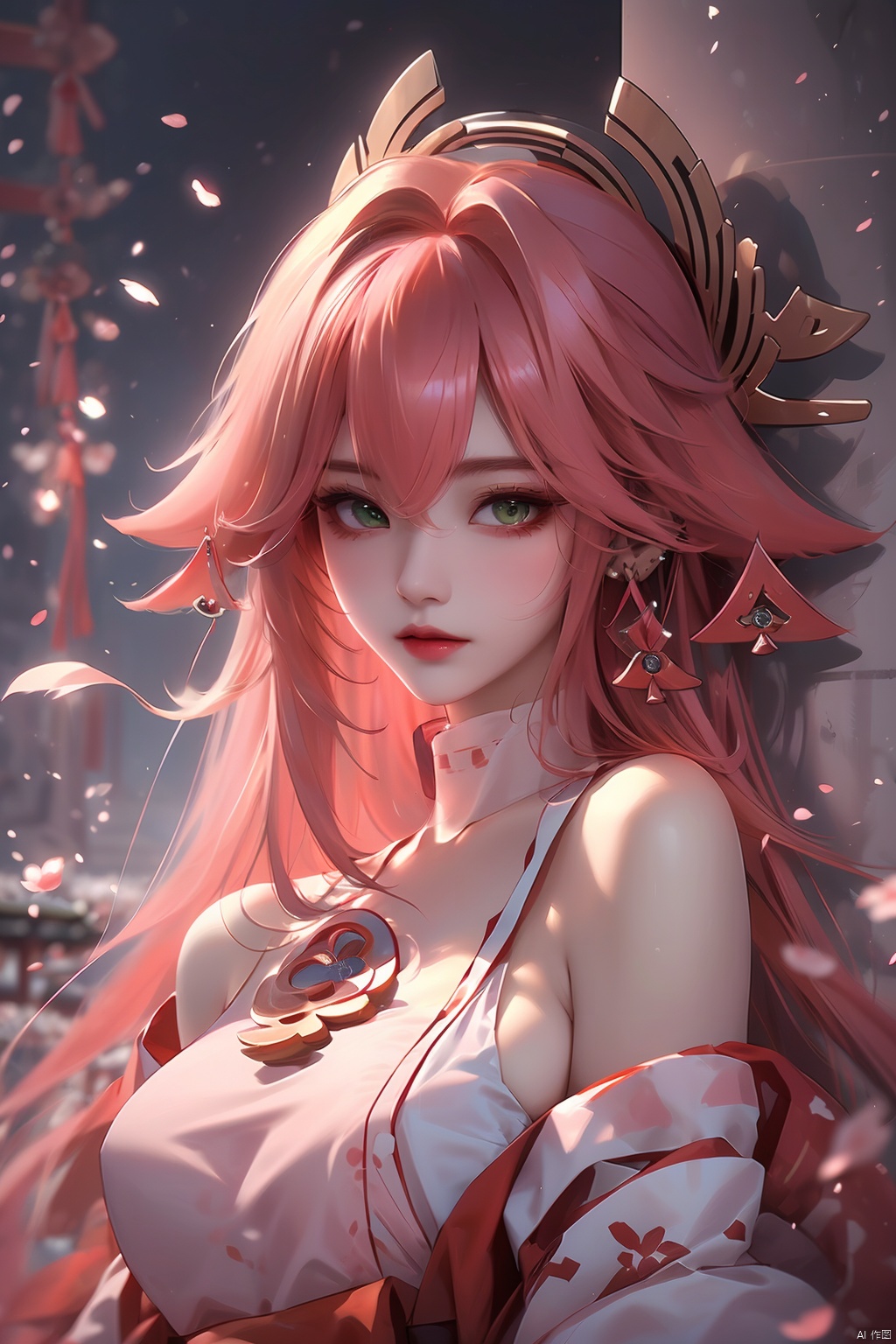  (Masterpiece, Excellent, 1girl, solo, complex details, color difference), realism, ((medium breath)), off-the-shoulders, big breasts, sexy, Yae Miko, long pink hair, red headdress, red highlight, hair above one eye, green eyes, earrings, sharp eyes, perfectly symmetrical figure, choker, neon shirt, open jacket, turtleneck sweater, against the wall, brick wall, graffiti, dim lighting, alley, looking at the audience, ((mean, seductive, charming)), ((cherry blossom background ))),((Japanese temple background)))), (((Glow-in-the-dark background))), yae miko, (\meng ze\)