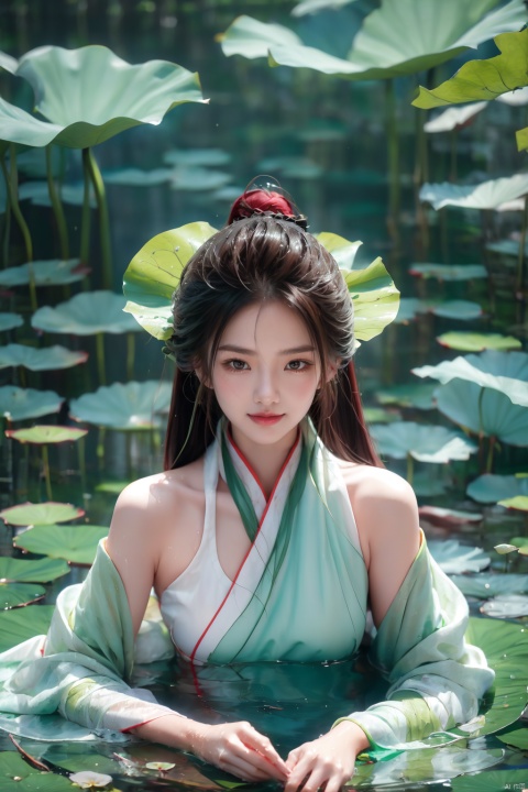  A girl, lying in the water, in a green pool, covered with lotus leaves, dressed in gauze-like Hanfu,hedress,Smile, wet clothes