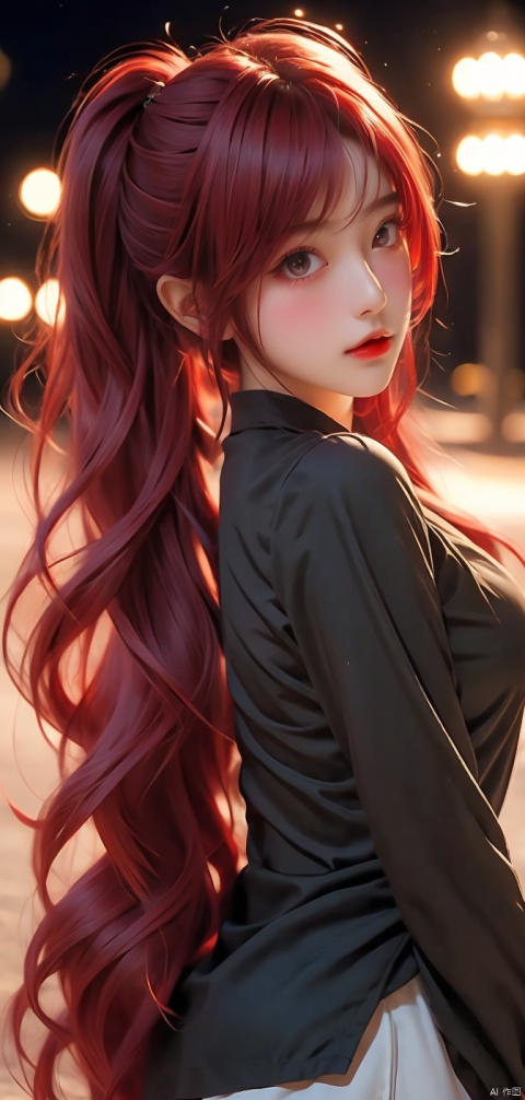  1 girl,red hair, very long hair, upper body,Twin Tailed,looking at viewer,lighting, blurred background,Backlight,night