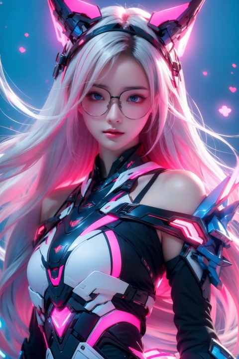  Dimensional Armory,wearing black and red, Anime girl in bare-shoulder dress,with long white hair,wearing black glasses frame,glowing pink special effects,gradient blue and pink Lights,light blue background,rich details,sexy,ultra high resolution,32K UHD,best quality,masterpiece,