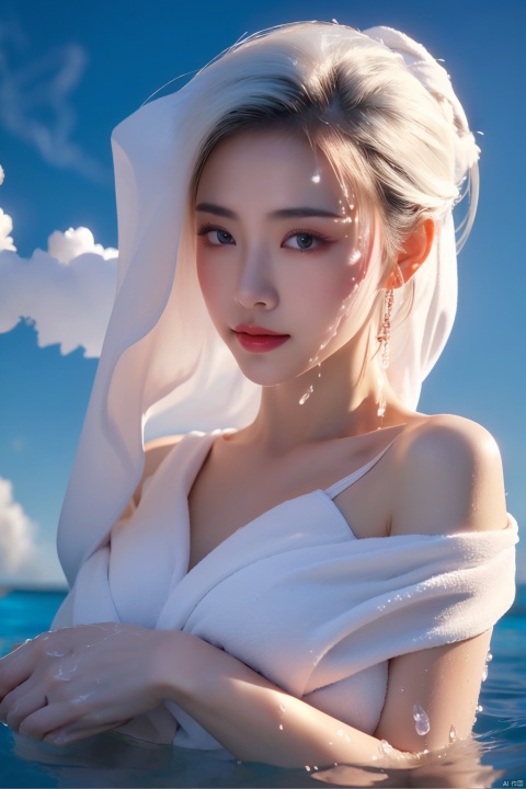  High quality, masterpiece, cinematic texture, Chinese elements, 1 girl bathing in the pool, white hair, (wrapped in a towel: 1.2),Forehead gemstone, (with a large amount of water vapor on the surface: 1.5), (hot spring), lantern, night,