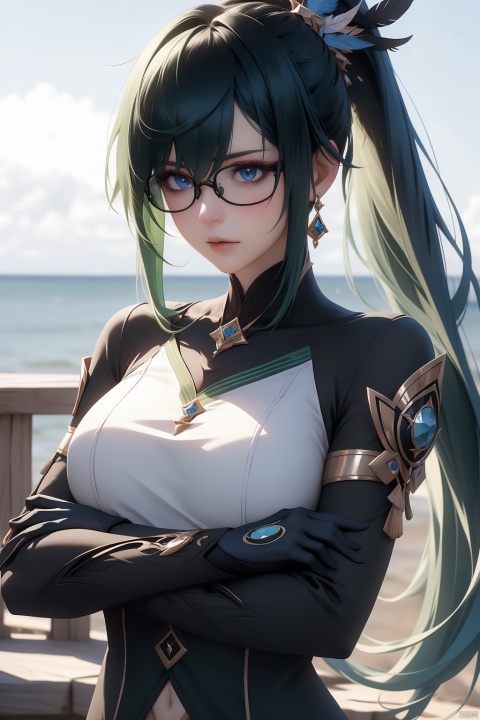  High quality, masterpiece,bangs,blue eyes,black hair,hair ornament,gloves,closed mouth,ponytail,green hair,glasses,black gloves,cosplay,crossed arms,semi-rimless eyewear,feather_hair ornament,Tight fitting clothing,,side slit,1girl