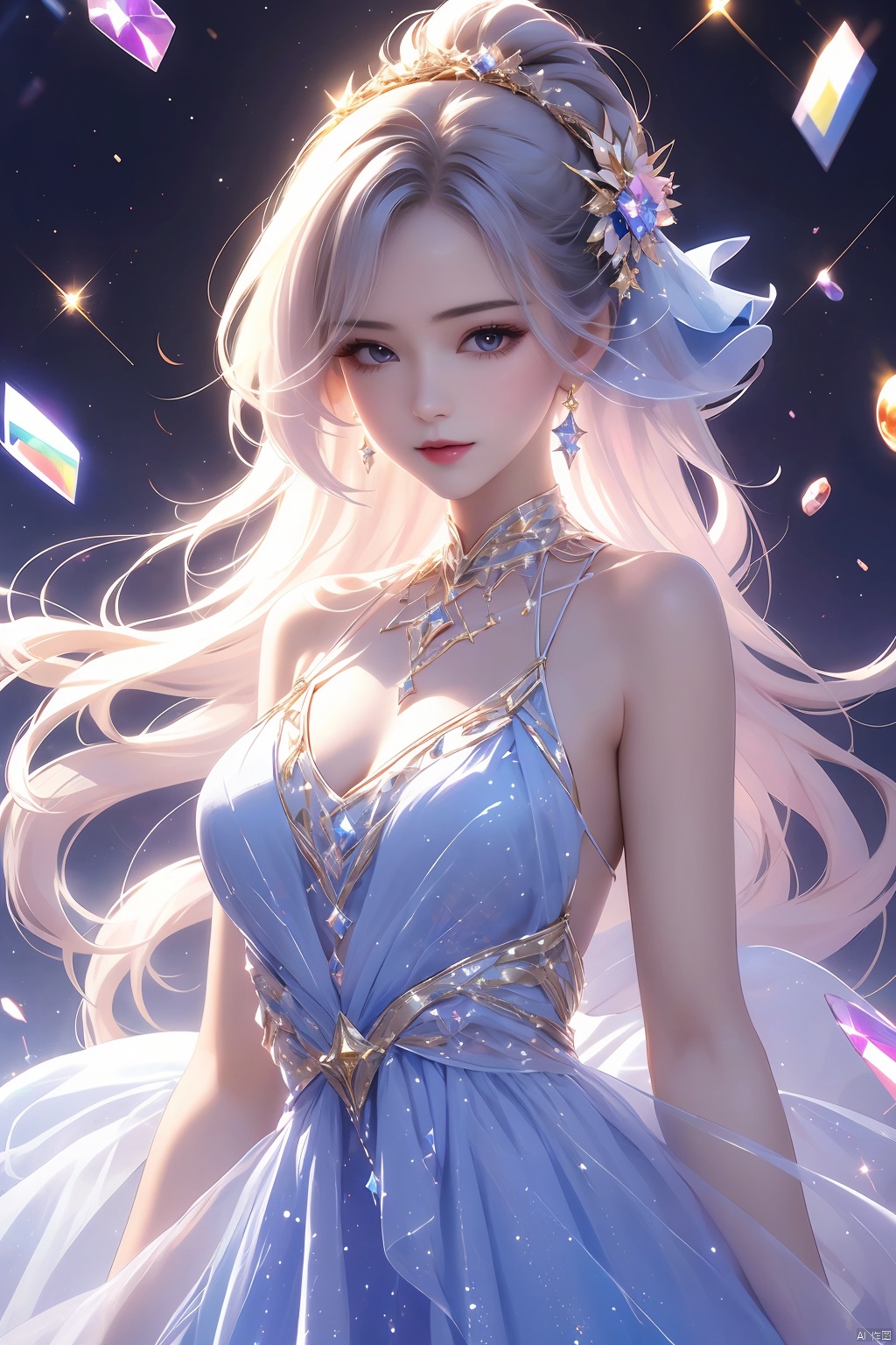  1 girl, glowing, dress, space,Sparkle, light particles