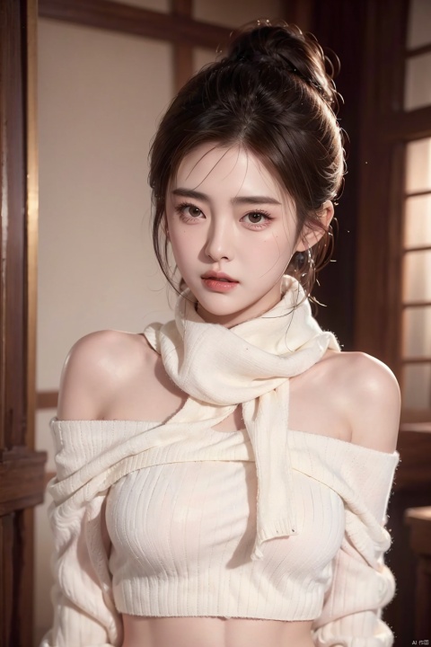  High quality, masterpiece, Portrait,cinematic texture,1girl,sexy_sweater, Scarf,Off shoulder,Short hair, navel, liuyifei
