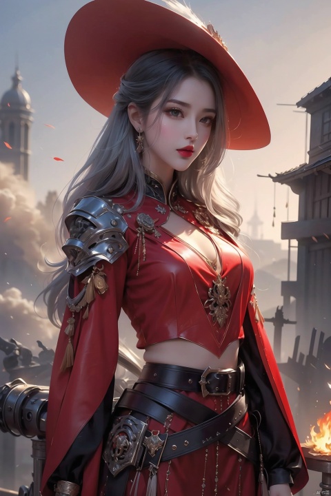  8K resolution, super resolution, sharp focus, grandeur, best quality, masterpiece, fantasy female gunfighter, delicate yet brave and fearless, wearing a deep red leather armor with silver edges, and a hat decorated with phoenix feathers. A wide-brimmed hat, eyes as fierce and firm as a burning furnace. He holds a steampunk-style precision repeating musket in his hand. The gun body is inlaid with gems and wrapped with complex mechanical pipes. A faint smoke is emitting from the muzzle. The background is The ruins of a futuristic steam city full of gears and iron frames, her resolute profile silhouette reflected in the moonlight. She stood on a pile of rubble, with an ammunition belt draped over her left shoulder and a sharp dagger hanging around her waist for close combat. arms., 1girl, xiaowu, red lips