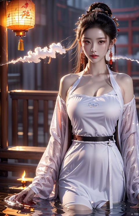  High quality, masterpiece, cinematic texture, Chinese elements, 1 girl bathing in the pool, (wrapped in a gauze: 1.2),white hair,(with a large amount of water vapor on the surface: 1.5), (hot spring), lantern, night,Song style Hanfu,smog,8K Ultra HD, clear and bright image quality, highly refined, extremely fine, chang