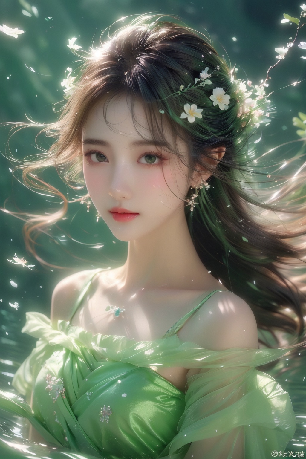  1 girl,(green light effect),hair ornament,jewelry,looking at viewer,flower,floating hair,water,underwater,air bubble,Flowers,petal,branch,submerged