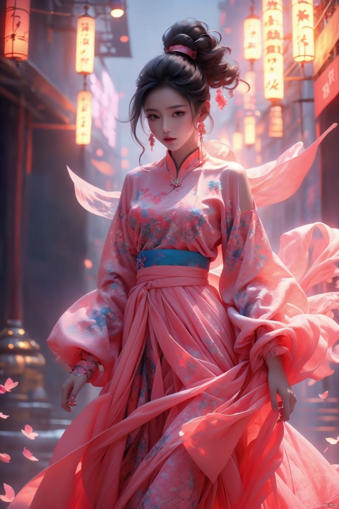  Surrealism Dream Style,glowing neon color,RAW photo,at night,1girl,solo,sea,black hair,ponytail,looking at viewer,long hair,up,lips,sash,water splaashing,hair ornament,realistic,wide sleeves,hanfu,long dress,Semi transparent gauze skirt,surrealist,Best quality,masterpiece,ultra high res,Petal skirt,wind,flowers,bloom,Clouds,smoke,neon lights,Punk