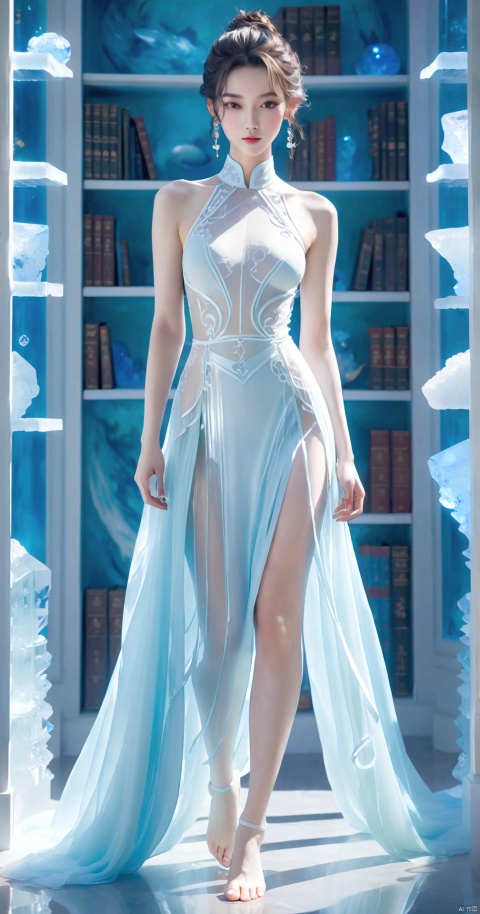  80sDBA style, Chinese style,A woman wearing a white dress,semi transparent,bookshelf,delicate body,slender legs,and seductive glances,((white and sea blue style)),((blue and white ice is background)),matte punk,resin,anime aesthetics,masterpiece,best quality,super quality,8K resolution, ice, 1 girl, 80sDBA style