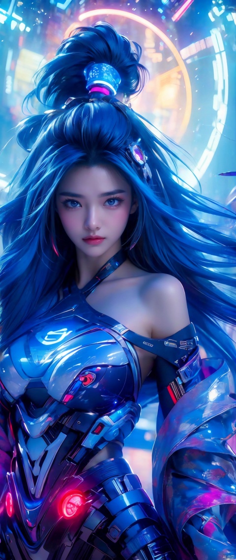  (masterpiece), best quality, ultra high res,, cyberpunk 1girl flying above stunning cityscape ,hoodie,blue hair, neon color shooting stars, very long hair, off shoulder, feather hair ornament, neon colors, flashes, stunning night sky, cinematic lighting, photorealistic, realistic skin, HDR,fisheye, 1 girl