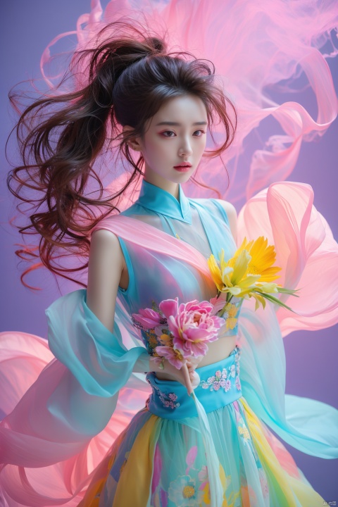  Surrealism Dream Style,glowing neon color,RAW photo,at night,1girl,solo,sea,black hair,ponytail,looking at viewer,long hair,up,lips,sash,water splaashing,hair ornament,realistic,wide sleeves,hanfu,long dress,Semi transparent gauze skirt,surrealist,Best quality,masterpiece,ultra high res,Petal skirt,wind,flowers,bloom,Clouds,smoke,neon lights, 80sDBA style