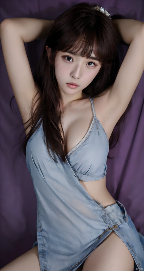  tianhuxianzi, 1girl,solo,bedroom, upper body,(lying:1.8), ( arms behind head:1.5), (looking at viewer:1.5), dress, hair ornament, brown hair, long hair, bare shoulders, night,bare legs,, ((poakl)), Renai
