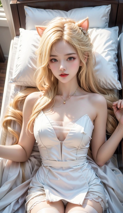  1Girl, Lying in bed, transparent white gauze dress, white stockings, Cat's ears (Steamed cat-ear shaped bread), blonde hair,From above,