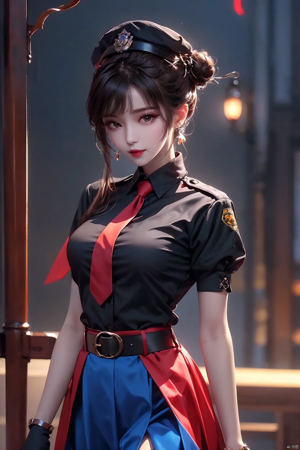 1girl,police uniform,police,uniform,policewoman,solo,chun-li,police hat,gloves,hat,brown hair,fingerless gloves,hair bun,necktie,pantyhose,brown eyes,double bun,looking at viewer,spiked bracelet,bracelet,belt,spikes,short sleeves,black necktie,side slit,short hair,jewelry,breasts,bangs,shirt,closed mouth,alternate costume,skirt,official alternate costume,lips,pelvic curtain,black gloves,handcuffs,cuffs,blurry background,blue skirt,large breasts,puffy sleeves,collared shirt,black pantyhose,medium breasts,blue shirt,upper body,black belt,*******,puffy short sleeves,peaked cap,indoors,bun cover,muscular,standing,cowboy shot,blue headwear,blurry,clenched hand,smile8K,best quilty,shiranui mai, xiaowu,Punk