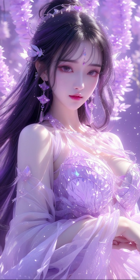  1 girl,(Purple light effect),hair ornament,jewelry,looking at viewer, (\meng ze\), wangyushan, dofas,(ultra-detailed crystallization),transparent crystals, qingyi