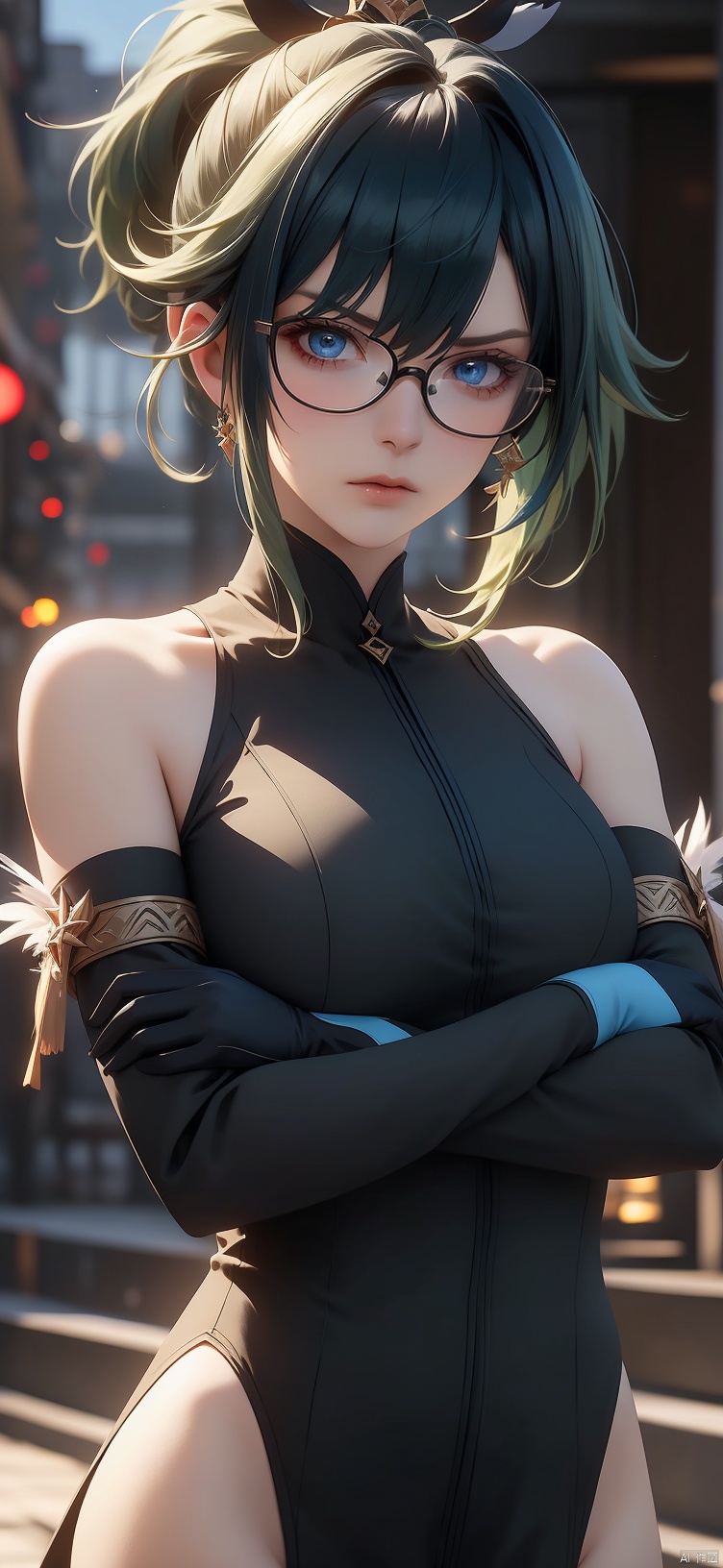  High quality, masterpiece,bangs,blue eyes,black hair,hair ornament,gloves,closed mouth,ponytail,green hair,glasses,black gloves,cosplay,crossed arms,semi-rimless eyewear,feather_hair ornament,Tight fitting clothing,,side slit,Angry,1girl