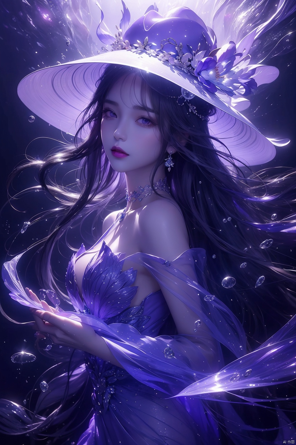  1girl,(Transparent dress),hair ornament,floating hair,water,underwater,air bubble,Half-body,Perfect body shape,artist name,gem,glowing,jewelry,long hair,looking at viewer,magic,hat,choker,light particles, ((purple light effect))