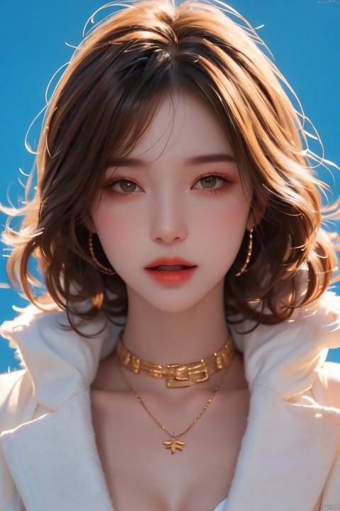  1girl,blue_background,breasts,brown_eyes,brown_hair,collarbone,fur,fur_coat,fur_collar,fur_trim,hand_on_own_face,lips,looking_at_viewer,nose,open_mouth,realistic,short_hair,solo,teeth,