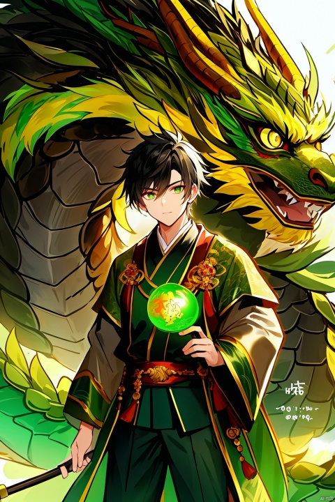  looking at viewer, black hair, 1boy, green eyes, male focus, glowing, monster, dragon, eastern dragon